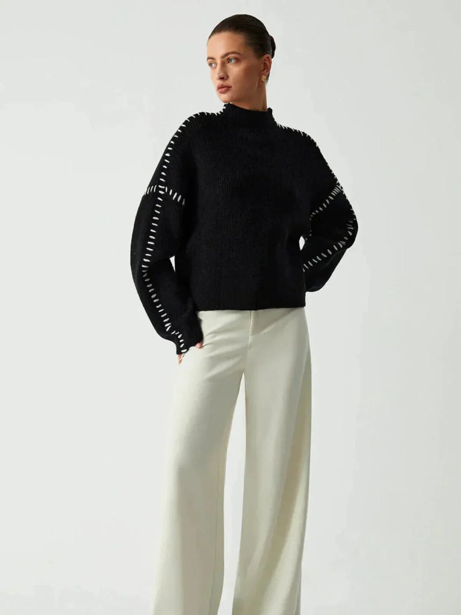 Women's Ribbed Mock Neck Whipstitch Sweater for Casual Comfort