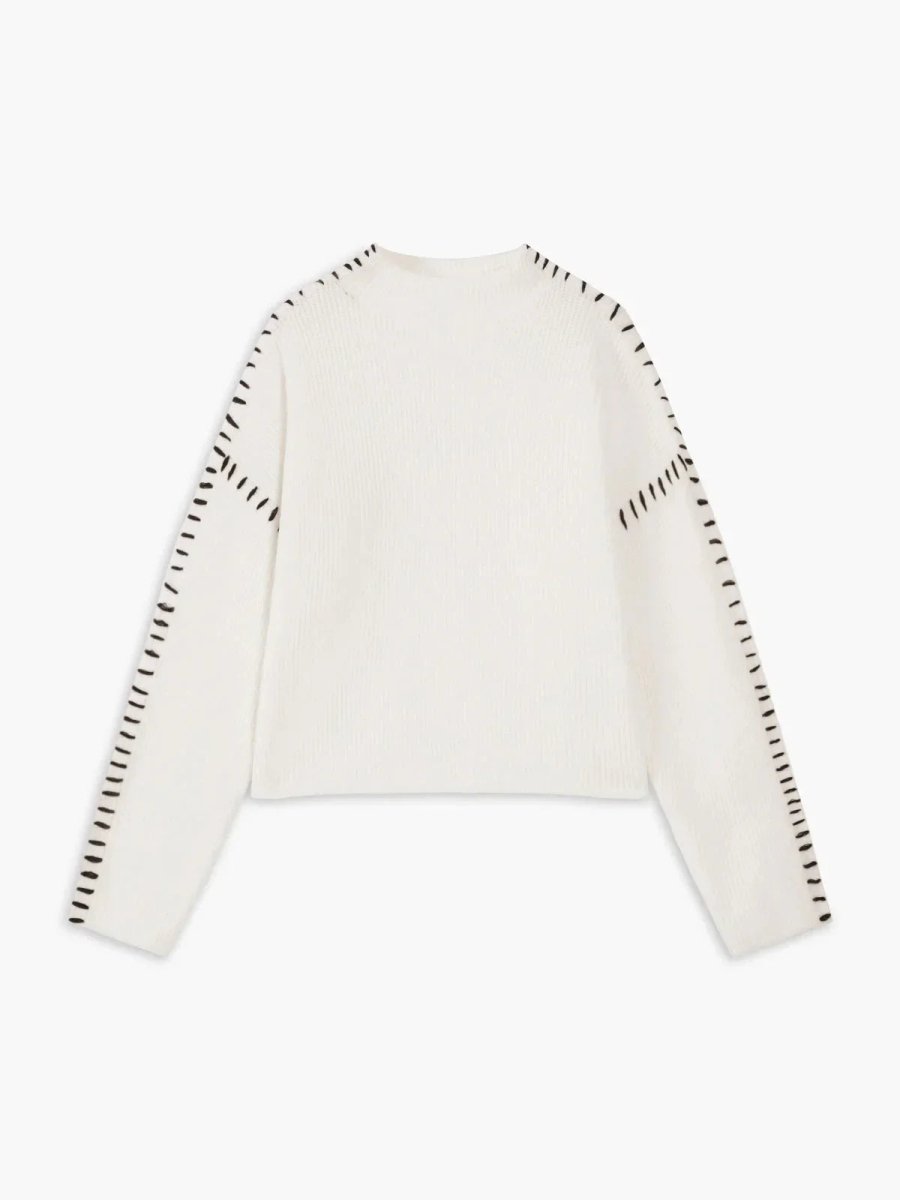 Women's Ribbed Mock Neck Whipstitch Sweater for Casual Comfort White