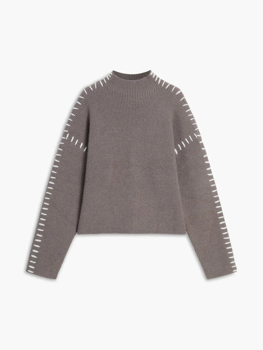 Women's Ribbed Mock Neck Whipstitch Sweater for Casual Comfort Camel