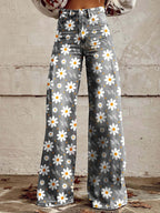 Woman's Casual Baggy Jeans | Long white flower