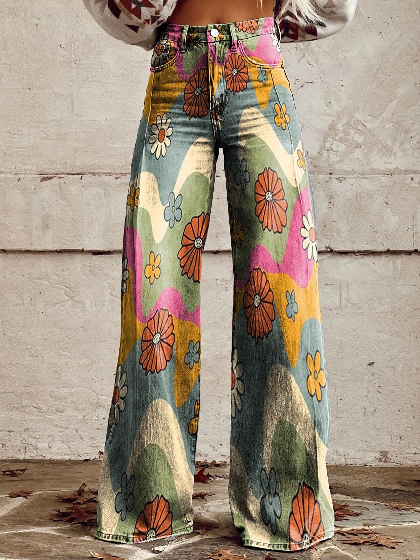 Woman's Casual Baggy Jeans | Long waves & flowers