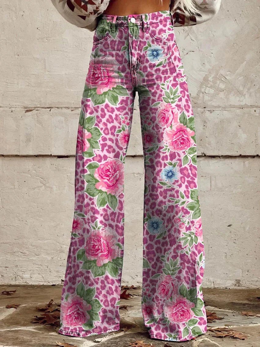 Woman's Casual Baggy Jeans | Long pink flower