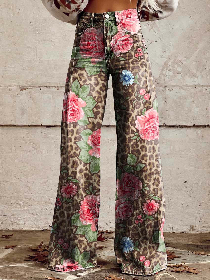 Woman's Casual Baggy Jeans | Long Pink & Leopard