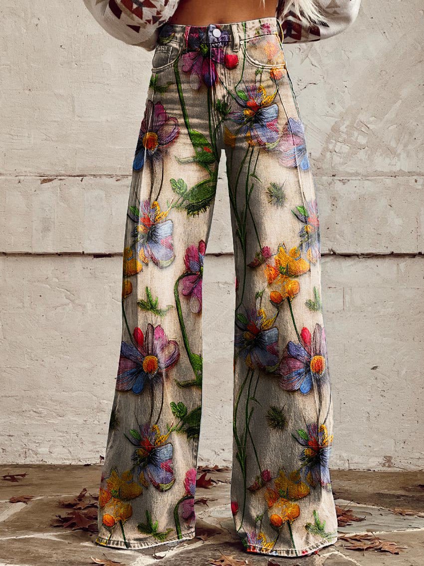Woman's Casual Baggy Jeans | Long flowers