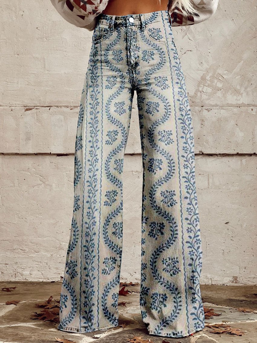 Woman's Casual Baggy Jeans | Long Blue Patterned