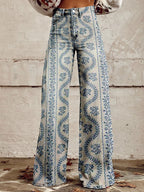 Woman's Casual Baggy Jeans | Long Blue Patterned