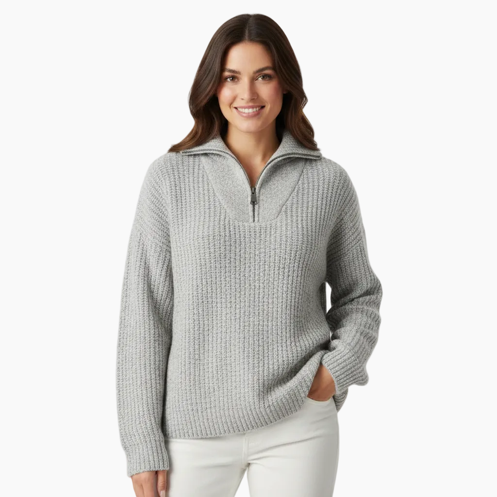 Women's Warm Winter Knit Sweater with Collar Half Zipper