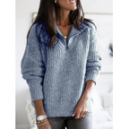 Women's Warm Winter Knit Sweater with Collar Half Zipper blue
