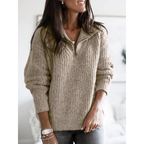 Women's Warm Winter Knit Sweater with Collar Half Zipper khaki