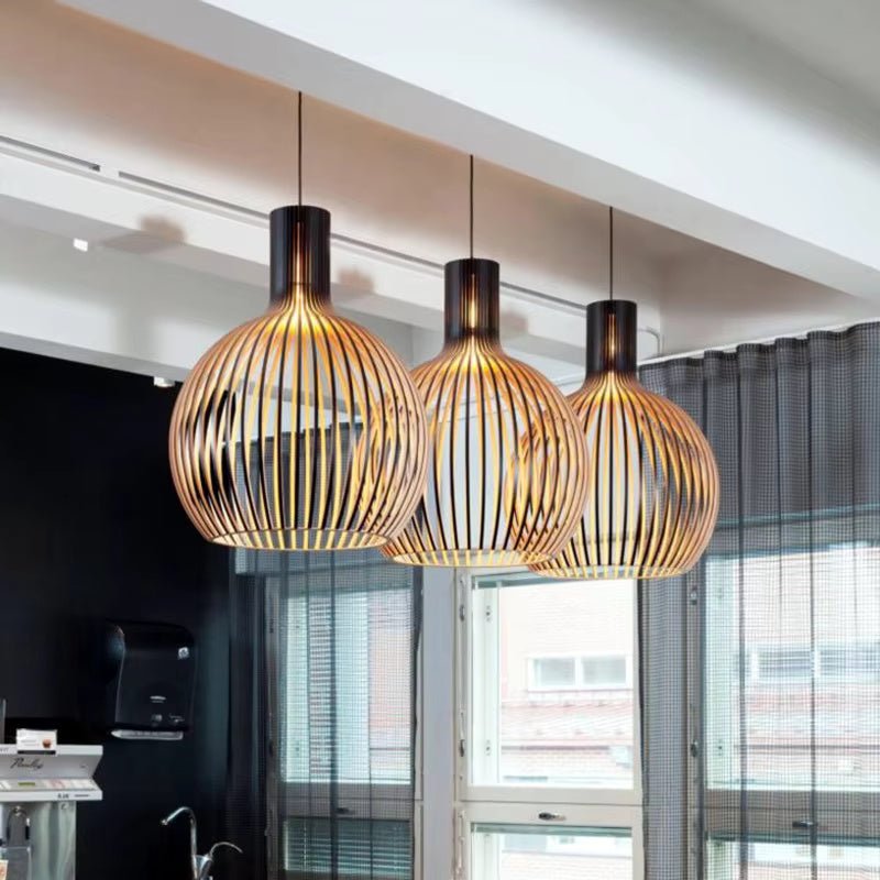 Natura Orb Hanging Lamp – Organic Wooden Design for Cozy Interiors Black Outside - Wood Color Inside 45cm
