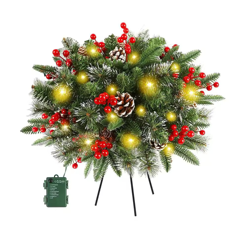 Lighted Christmas Wreath Planter Insert – 20 in Battery Operated Pre-Lit Decoration with 50 LEDs, 8 Modes & Timer
