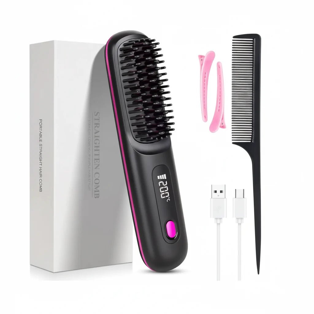 Cordless Hair Straightener Brush with LED Display - Portable USB Rechargeable Ceramic Heated Straightening Comb with Anti-Scald Negative Ionic Technology Black