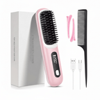 Cordless Hair Straightener Brush with LED Display - Portable USB Rechargeable Ceramic Heated Straightening Comb with Anti-Scald Negative Ionic Technology Pink