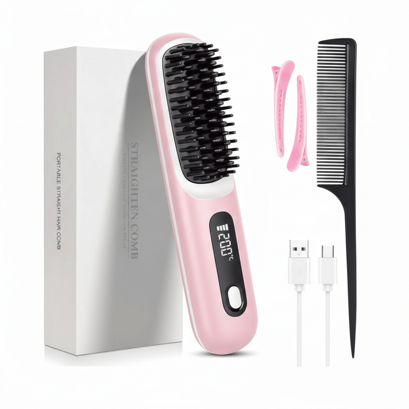 Cordless Hair Straightener Brush with LED Display - Portable USB Rechargeable Ceramic Heated Straightening Comb with Anti-Scald Negative Ionic Technology Pink
