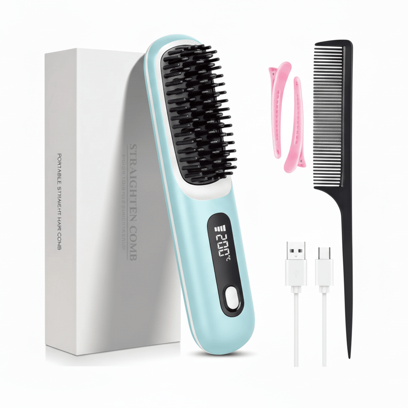 Cordless Hair Straightener Brush with LED Display - Portable USB Rechargeable Ceramic Heated Straightening Comb with Anti-Scald Negative Ionic Technology Blue