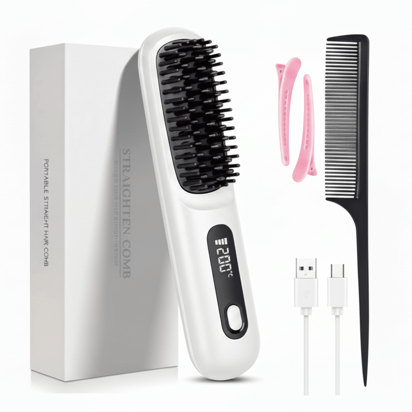 Cordless Hair Straightener Brush with LED Display - Portable USB Rechargeable Ceramic Heated Straightening Comb with Anti-Scald Negative Ionic Technology White