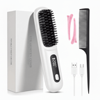 Cordless Hair Straightener Brush with LED Display - Portable USB Rechargeable Ceramic Heated Straightening Comb with Anti-Scald Negative Ionic Technology White