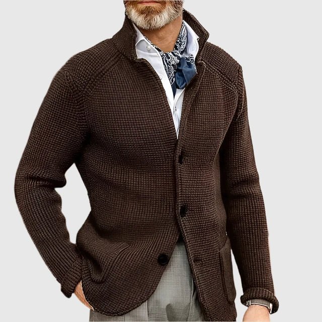 Hermosa | Men’s Cardigan | Button Front Stand Collar Dark Brown