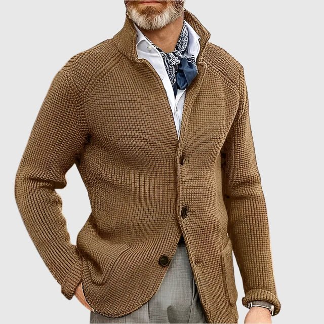 Hermosa | Men’s Cardigan | Button Front Stand Collar Beige