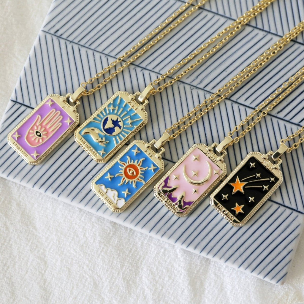 Tarot Card Necklace – Stainless Steel Tarot Pendant Necklace, Sun, Moon, Star & World, Each with Its Own Meaning – Amore