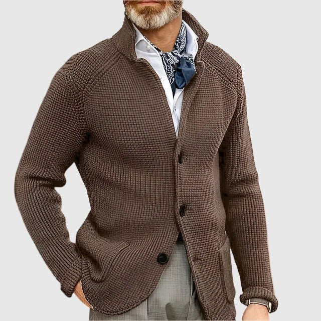 Hermosa | Men’s Cardigan | Button Front Stand Collar Brown