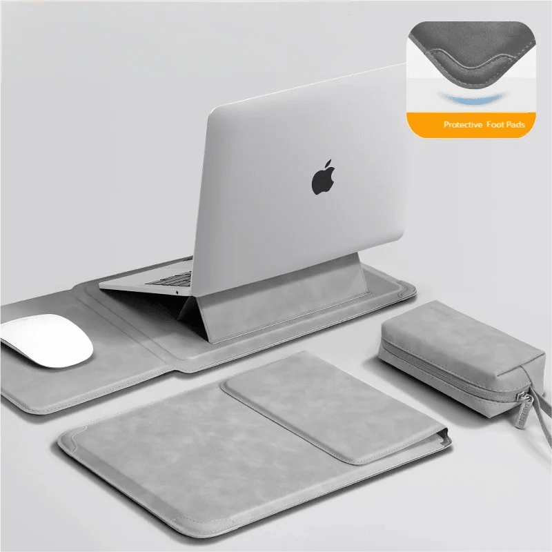 Laptop Sleeve Case with Ergonomic Foldable Stand for MacBook Air Pro 13 13.6 M4, HP, Dell, Huawei - Waterproof Slim Notebook Cover 13 14 15 15.6 16 Inch Light Grey Set