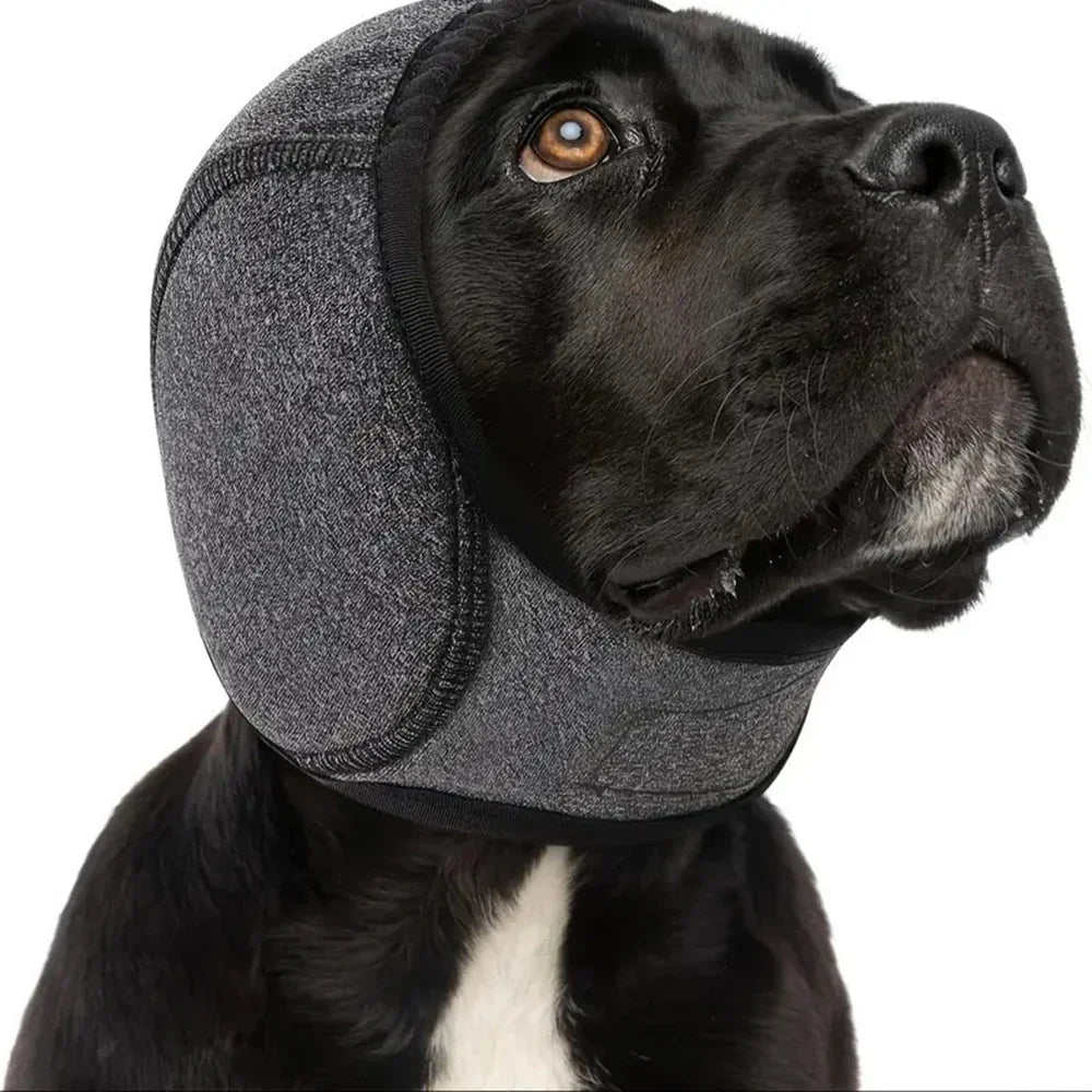 Dog Noise Cancelling Ear Muffs & Waterproof Swimming Cap - Soundproof Anxiety Relief Snood, Calming Pet Headgear for Fireworks, Grooming & Thunder Grey