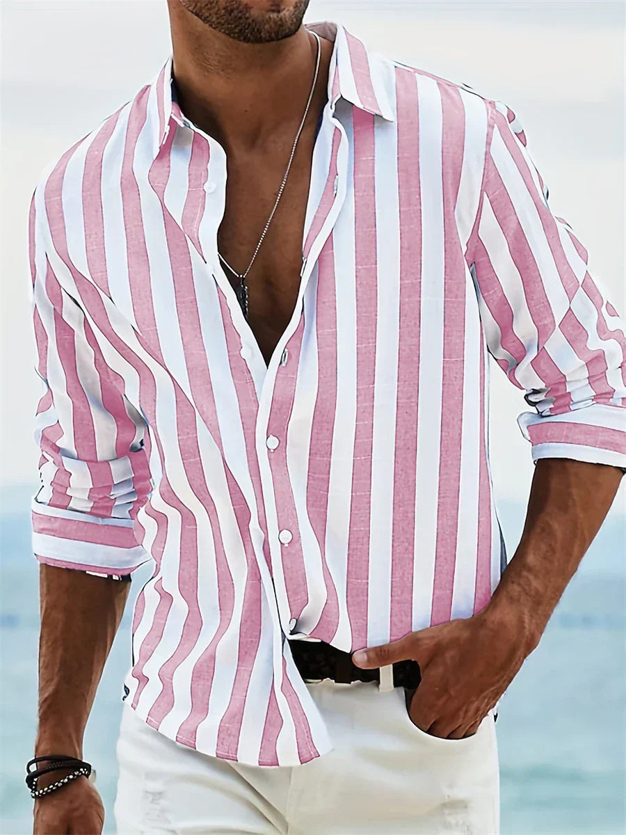 Hommes | Men’s Summer Striped Relaxed Shirt Pink