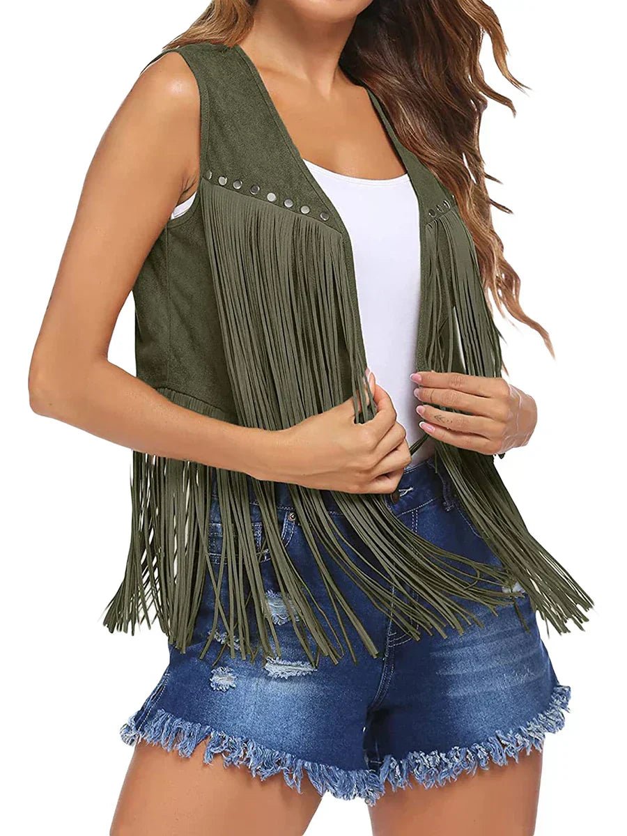 Damaris | Women's Vest | Sleeveless Fringe Detailing Red
