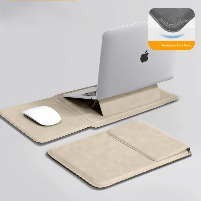Laptop Sleeve Case with Ergonomic Foldable Stand for MacBook Air Pro 13 13.6 M4, HP, Dell, Huawei - Waterproof Slim Notebook Cover 13 14 15 15.6 16 Inch Khaki
