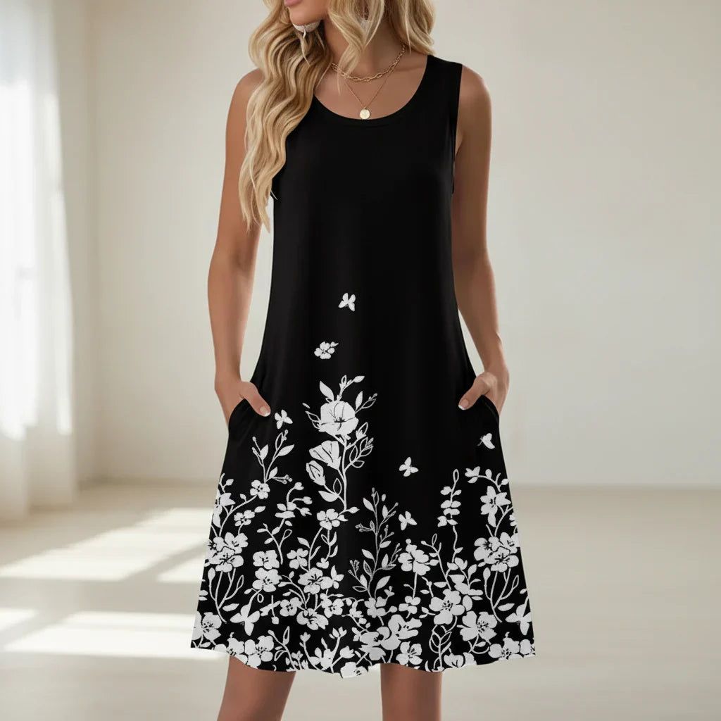 Luna | Short Women’s Summer Dress with Floral Pattern and Pockets Black Floral Pattern