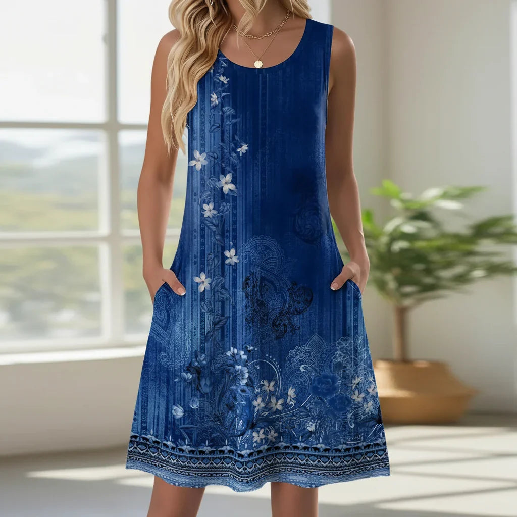 Luna | Short Women’s Summer Dress with Floral Pattern and Pockets Blue Ethnic