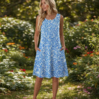 Luna | Short Women’s Summer Dress with Floral Pattern and Pockets Blue Floral Pattern