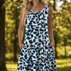 Luna | Short Women’s Summer Dress with Floral Pattern and Pockets Blue Leaf Print