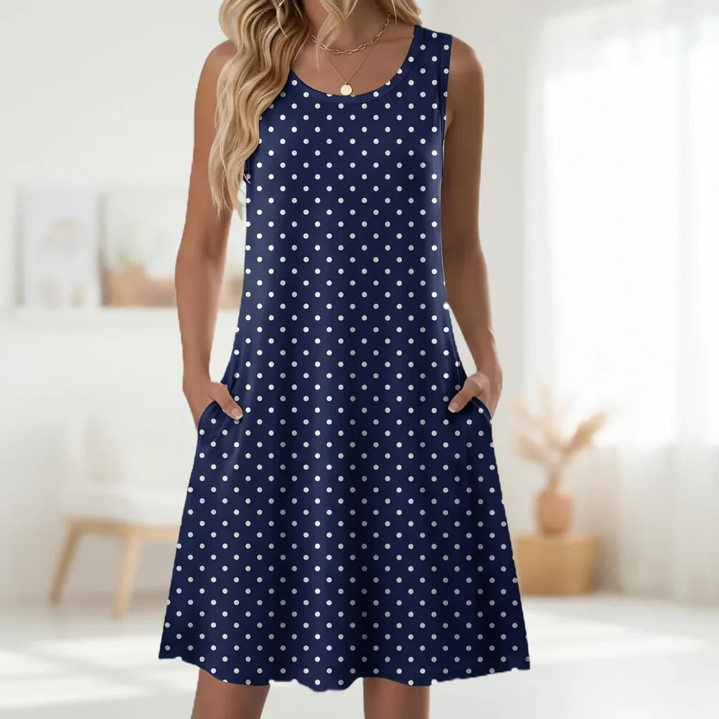 Luna | Short Women’s Summer Dress with Floral Pattern and Pockets Navy Blue Polka Dot
