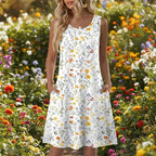 Luna | Short Women’s Summer Dress with Floral Pattern and Pockets White Floral Pattern