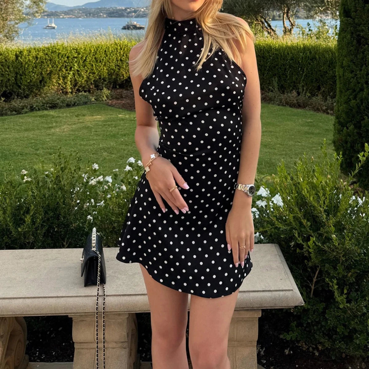 SUCHCUTE Sexy Polka Dot Print Halter Dress For Women Elegant Party Slim Backless Sleeveless Mini Dress Summer Vacation Outfits 4