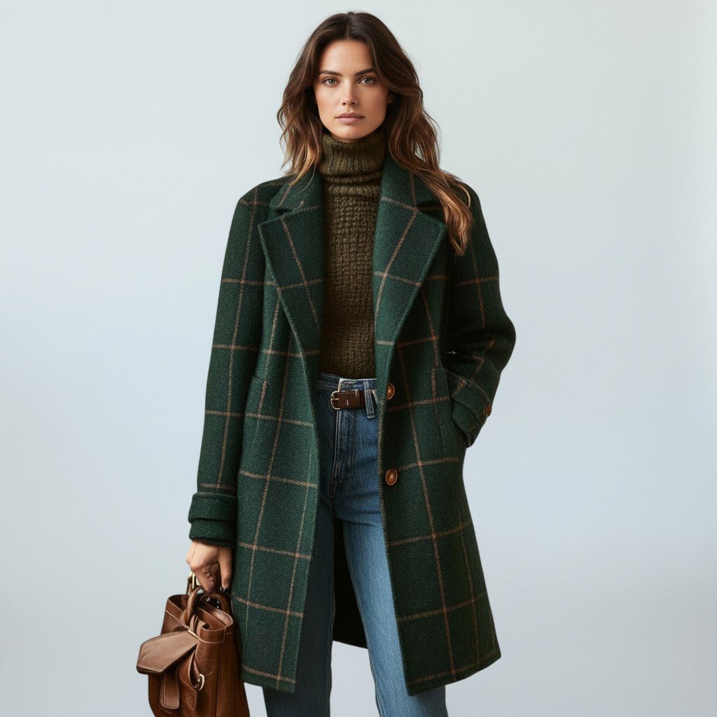 Vinea | Women's Classic Check Coat – Luxury Houndstooth Cotton Trench & Tailored Plaid Overcoat