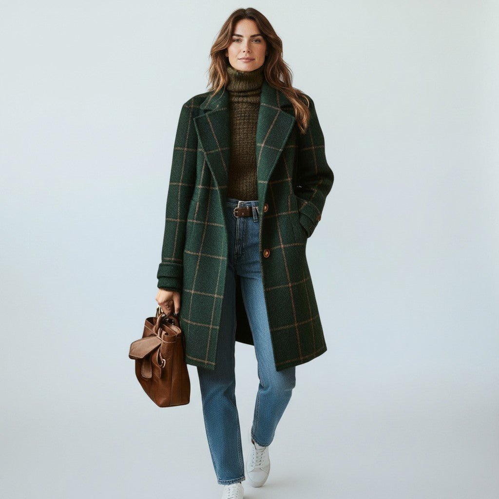 Vinea | Women's Classic Check Coat – Luxury Houndstooth Cotton Trench & Tailored Plaid Overcoat