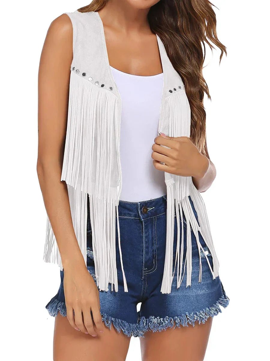 Damaris | Women's Vest | Sleeveless Fringe Detailing White