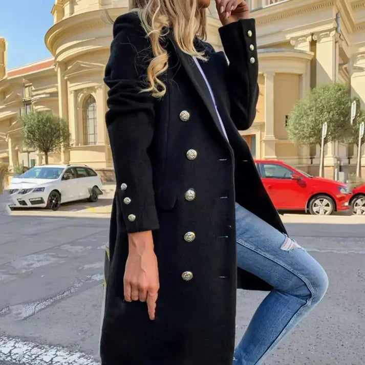 Isana | Long Coat with Button Closure for Women | Ideal for Winter and Mid-Season Black