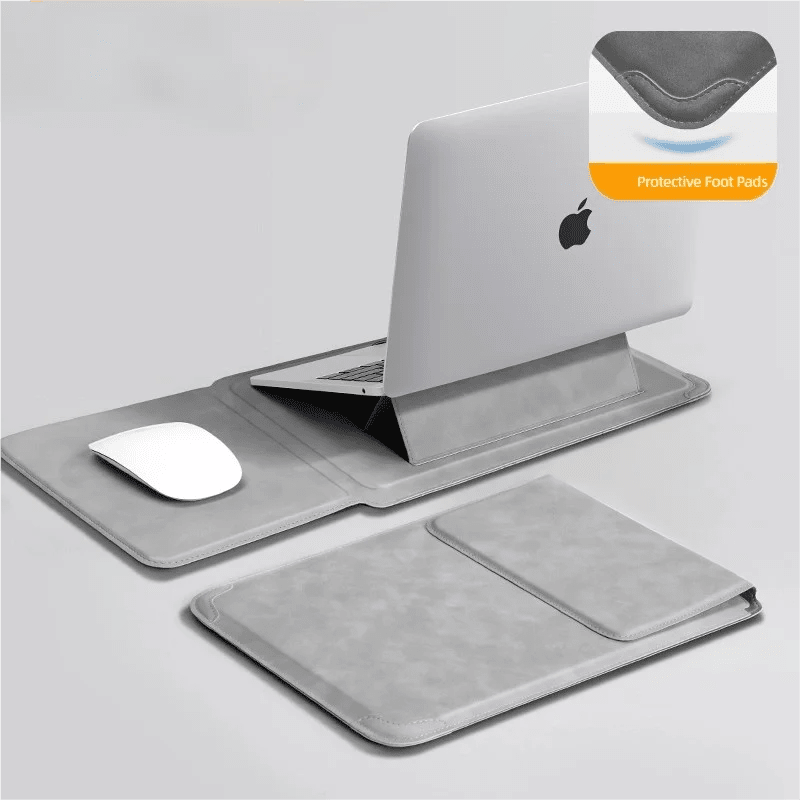Laptop Sleeve Case with Ergonomic Foldable Stand for MacBook Air Pro 13 13.6 M4, HP, Dell, Huawei - Waterproof Slim Notebook Cover 13 14 15 15.6 16 Inch Light Grey