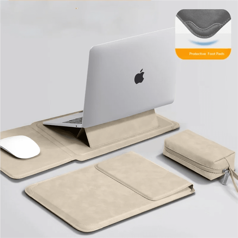 Laptop Sleeve Case with Ergonomic Foldable Stand for MacBook Air Pro 13 13.6 M4, HP, Dell, Huawei - Waterproof Slim Notebook Cover 13 14 15 15.6 16 Inch Khaki Set