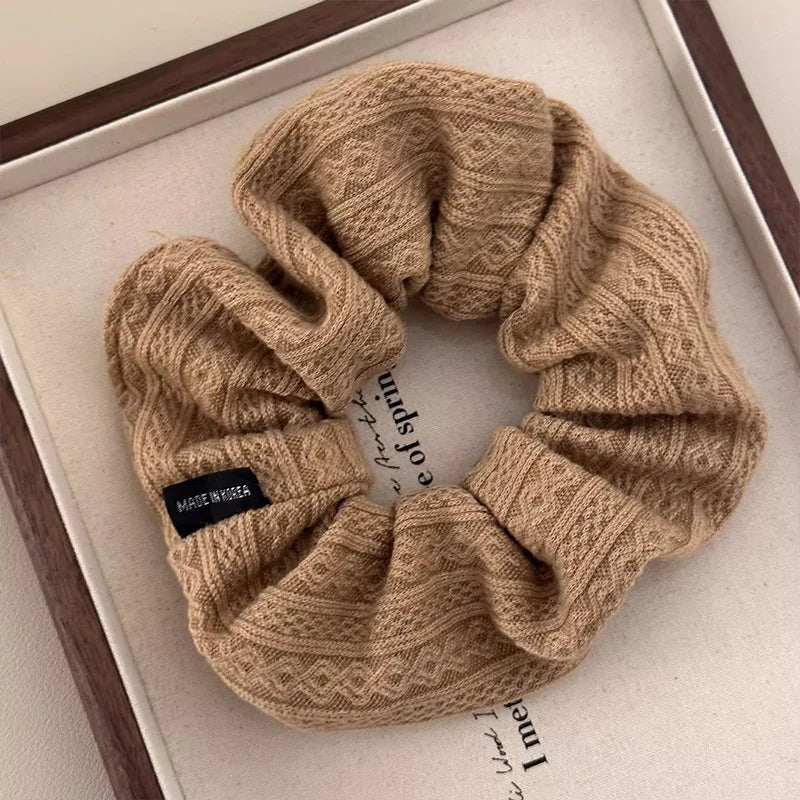 Luna | Vintage Knit Pattern Hair Scrunchie for Women & Girls - Oversized Knitted Elastic Hair Tie & Sweet Retro Ponytail Holder Fashion Hair Accessory Beige