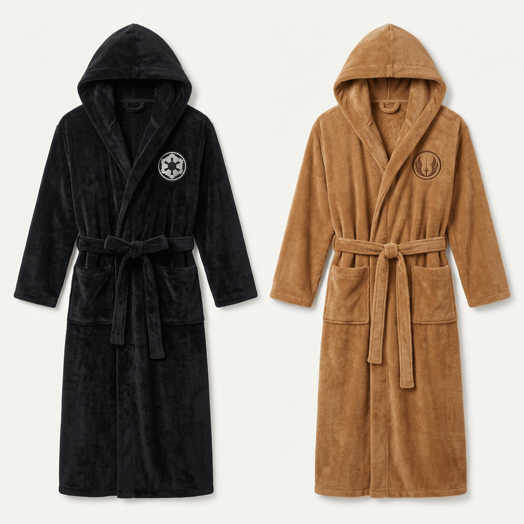 Two hooded robes, one black and one brown, with symbols on a white background.