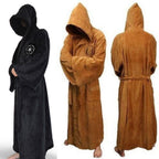 Men's Long Flannel Robe with Hood – Warm Extra-Long Hooded Bathrobe with Belt, Absorbent, Black or Brown – Hommes