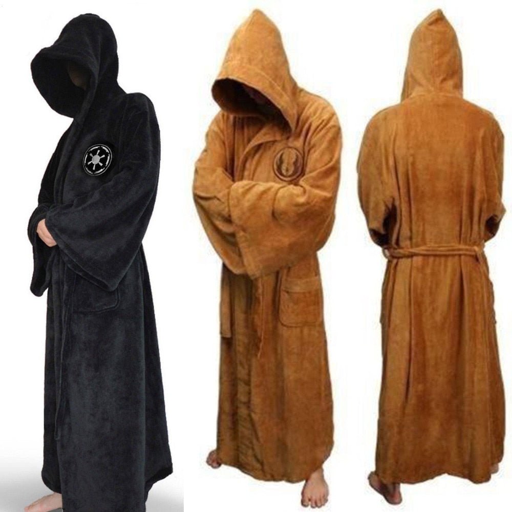 Men's Long Flannel Robe with Hood – Warm Extra-Long Hooded Bathrobe with Belt, Absorbent, Black or Brown – Hommes