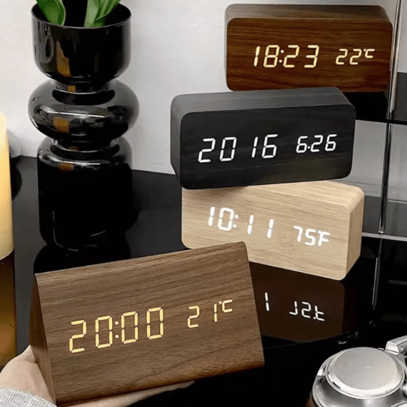 LED Wooden Digital Clock – Voice-Activated Alarm Clock with Adjustable Brightness, Battery or USB, 8 Styles