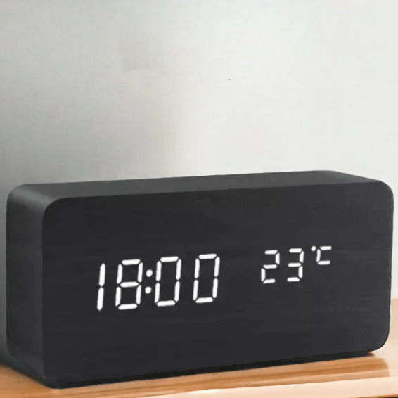 LED Wooden Digital Clock – Voice-Activated Alarm Clock with Adjustable Brightness, Battery or USB, 8 Styles