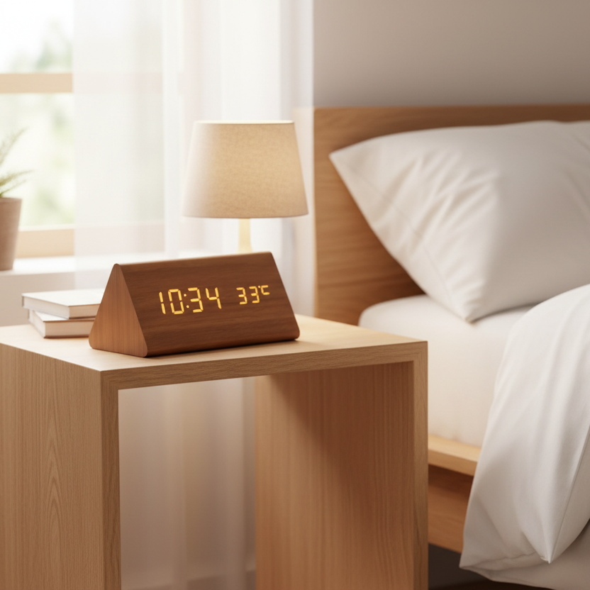 LED Wooden Digital Clock – Voice-Activated Alarm Clock with Adjustable Brightness, Battery or USB, 8 Styles